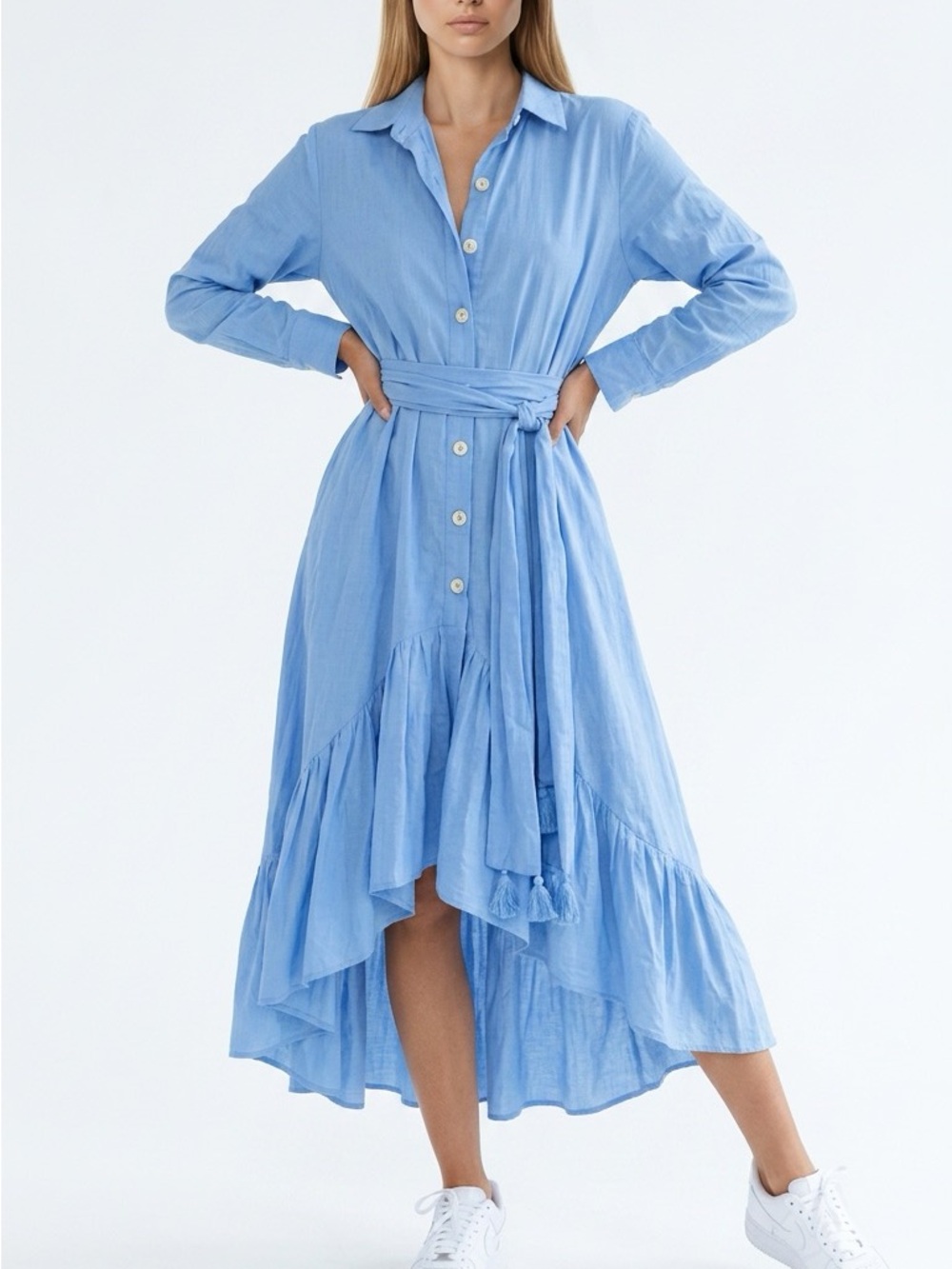 Designer Erika Peña Lt. Blue RITA hi-lo tiered Shirt Dress+ Waist Tie